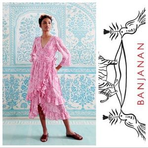 Banjanan pink floral “Marta” wrap midi dress with ruffle layered bottom